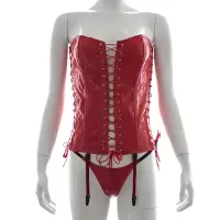 桃色缘 夜店女王绑带束身漆皮衣演出服情趣皮革衣 sm情趣用品角色扮演女用器具SM成人性用品 红色亮皮革塑身衣+T裤