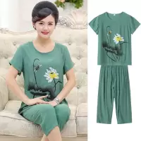 中老年人睡衣女夏季棉麻宽松妈妈短袖妇女薄款棉绸家居服两件套装