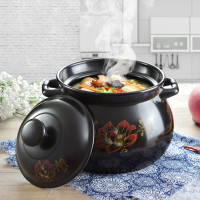 陶瓷砂锅汤煲家用炖锅耐高温明火养生汤锅沙锅 E黑色红花5.5升