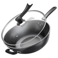 麦饭石不粘锅炒锅铁锅家用炒菜锅电磁炉煎炒两用平底锅煤气灶专 【奢华顶配款】34cm原木麦饭石炒锅/带盖((送木铲洁布+煎