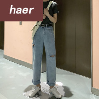 女裤夏女裤春2020春季新款韩版宽松阔腿裤网红百搭破洞乞丐裤浅色高腰牛仔裤女小个子女装裤子