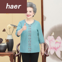 中老年女装花衬衣半袖女老太太春秋装衬衣奶奶装大码妈妈装民族风绣花老人衣服圆领衬衫寸衫女土衬衣中老年碎花衬衫