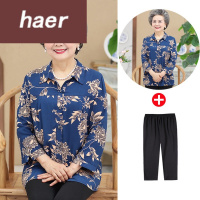 老年套装女夏装60-70岁中老年人春装女绸衬衫老人妈妈套装60岁70奶奶太太长袖衬衣服大妈衣服妈妈遮肚春秋衫