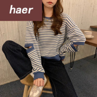 卫衣女长袖秋季韩版宽松休闲上衣秋季韩版2020新款宽松短款破洞条纹无帽设计感小众长袖卫衣上衣女初中女生卫衣
