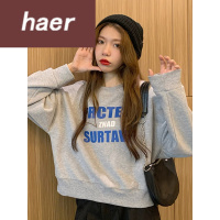 卫衣女长袖秋季韩版宽松休闲上衣秋季2020新款韩版宽松时尚字母印花套头短款学生长袖卫衣上衣女潮初中女生卫衣