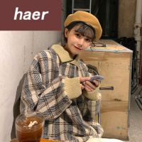 卫衣女长袖秋季韩版宽松休闲上衣秋冬韩版2020新款POLO领格子宽松套头无帽古着感呢子长袖卫衣女装初中女生卫衣