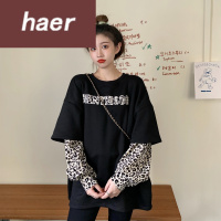 假两件卫衣女韩版潮学生宽松ins超火秋季韩版2020新款设计感假两件豹纹拼接蝙蝠袖宽松无帽长袖卫衣女卫衣女长袖秋季韩版宽