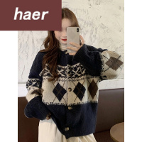 毛衣女韩版学生宽松秋冬2020新款复古提花针织宽松大码单排扣外穿开衫圆领长袖毛衣女毛线衣女