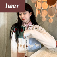 毛衣女韩版学生宽松秋冬韩版2020新款宽松气质圆领撞色提花单排扣长袖毛衣开衫外套女毛线衣女