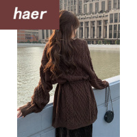 毛衣女韩版学生宽松秋冬韩版2020新款慵懒风宽松V领麻花开叉中长款长袖毛衣上衣女装毛线衣女