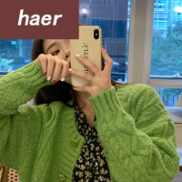 毛衣女韩版学生宽松秋冬韩版2020新款牛油果绿麻花针织宽松慵懒风减龄长袖毛衣外套女毛线衣女