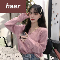 毛衣女韩版学生宽松秋季2020新款小清新V领宽松慵懒风麻花针织套头外穿长袖毛衣女装毛线衣女