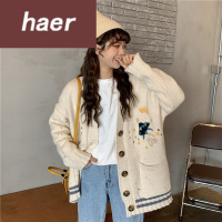 毛衣女韩版学生宽松秋季2020新款小清新慵懒风卡通刺宽松设计感破洞外穿长袖毛衣女装毛线衣女