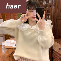 毛衣女韩版学生宽松秋季韩版2020新款宽松拼接木耳边海军领时尚学生长袖毛衣上衣女装毛线衣女