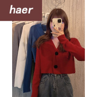 毛衣女韩版学生宽松秋季韩版2020新款宽松百搭短款时尚V领单排扣纯色长袖毛衣女学生毛线衣女