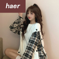 毛衣女韩版学生宽松秋季韩版2020新款设计感小众假两件格子拼接慵懒宽松长袖针织衫女毛线衣女