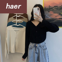 毛衣女韩版学生宽松秋季2020新款复古宽松短款V领开衫薄款外搭黑色长袖针织衫女上衣毛线衣女