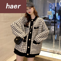 毛衣女韩版学生宽松秋季2020新款复古法式宽松中长款下衣失踪格子长袖毛衣外套女洋气毛线衣女