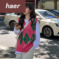 毛衣女韩版学生宽松秋季2020新款小清新拼色格子减龄宽松V领套头外穿毛衣马甲女上衣毛线衣女