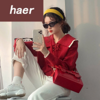 毛衣女韩版学生宽松秋季2020新款甜美花边系带翻领洋气宽松套头外穿长袖针织毛衣女装毛线衣女