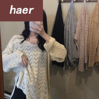 毛衣女韩版学生宽松秋季韩版2020新款宽松慵懒风镂空透视套头防晒长袖针织衫上衣女装毛线衣女