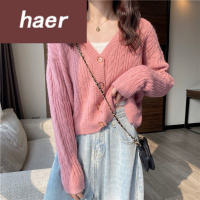 毛衣女韩版学生宽松秋季韩版2020新款慵懒风宽松短款V领麻花外穿百搭长袖针织毛衣女毛线衣女