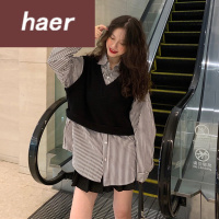 假两件套衬衫女秋季韩版2020新款宽松拼接假两件条纹POLO领减龄长袖衬衫上衣女装