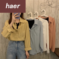 假两件套衬衫女秋季韩版2020新款宽松百搭设计感假两件时尚POLO领长袖衬衫上衣女