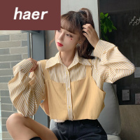 假两件套衬衫女秋季韩版2020新款设计感假两件POLO领条纹宽松薄款长袖衬衫外套女