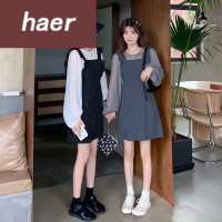 套装连衣裙法式复古套装2020新款女秋季两件套洋气雪纺灯笼袖拼接吊带连衣裙