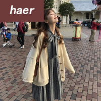 套装连衣裙秋季2020新款小清新格子宽松高腰蝴蝶结百褶长袖连衣裙女时尚套装