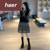套装连衣裙秋季2020新款小清新蝴蝶结碎花减龄雪纺长袖连衣裙女洋气时尚套装