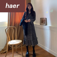 套装连衣裙秋季韩版2020新款A字高腰显瘦中长款碎花v领长袖连衣裙时尚套装女
