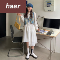套装连衣裙秋季韩版2020新款法式不规则中长款收腰显瘦叠穿长袖连衣裙女套装