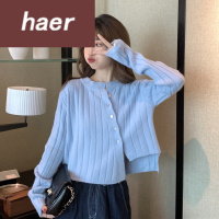 毛线衣女秋季韩版2020新款设计感坑条不规则系扣圆领短款长袖针织衫上衣女