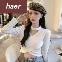 毛线衣女秋季韩版2020新款设计感小心机挂脖交叉露脐修身显瘦长袖针织衫女