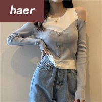 毛线衣女秋季韩版2020新版设计感纽扣拼接露肩修身显瘦长袖针织衫上衣女装