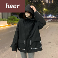 女生秋季外套秋冬2020新款韩版宽松工装风百搭连帽中长款长袖夹克外套上衣女装