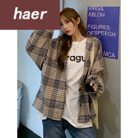 女生秋季外套秋季2020新款复古宽松BF风薄款毛呢格子盐系百搭长袖衬衫外套女装