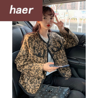 女生秋季外套秋季韩版2020新款宽松短款时尚单排扣减龄豹纹长袖毛呢外套上衣女