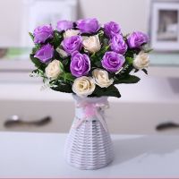 双色玫瑰紫白色3束+花篮 花加花篮 绢花假花干花塑料仿真花瓶套装客厅家居装饰插花摆设