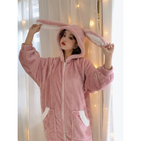 热卖冬季2019新款韩版加厚可爱兔耳朵珊瑚绒连体睡衣女休闲家居服套装