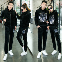 热卖情侣装加厚金丝绒老虎头男女运动服套装冬季休闲加绒卫衣三件套潮