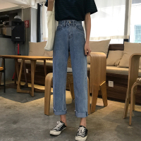 热卖秋季新款韩版小个子显高显瘦九分高腰牛仔裤直筒阔腿裤女宽松裤子