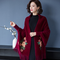 热卖喜庆妈妈旗袍加厚羊绒刺绣披肩外搭围巾披风斗篷婚礼秋冬款女礼服