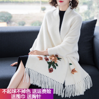 热卖秋冬披肩斗篷围巾红色女加厚羊貂绒带袖流苏妈妈配旗袍外套外搭型