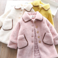 热卖女童毛绒加厚外套2019冬纯色牛角扣儿童宝宝保暖毛呢皮毛一体大衣