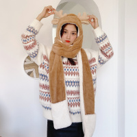 热卖帽子女冬学生连体帽保暖加厚可爱鹿角毛绒围巾帽子手套一体三件套