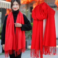 热卖围巾女秋冬季百搭韩版加宽长款大红色年会活动中国红围巾定制logo
