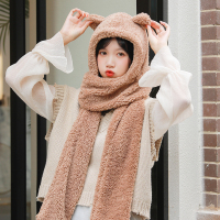 热卖网红小熊耳朵帽子围巾一体女冬季百搭韩版围脖可爱遮风毛绒帽冬天